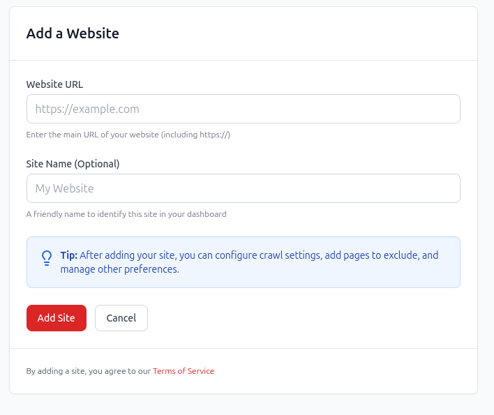 redCacti add website screen before a SaaS crawl