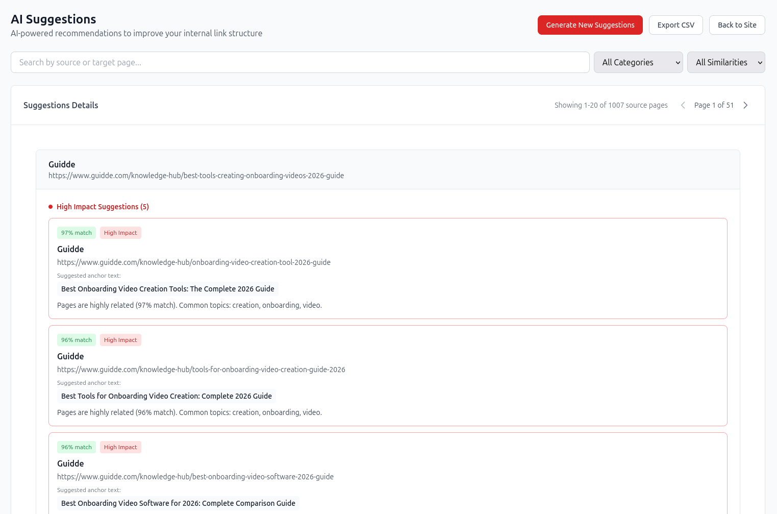 redCacti internal linking recommendations showing source pages, target pages, anchor text, similarity, and impact