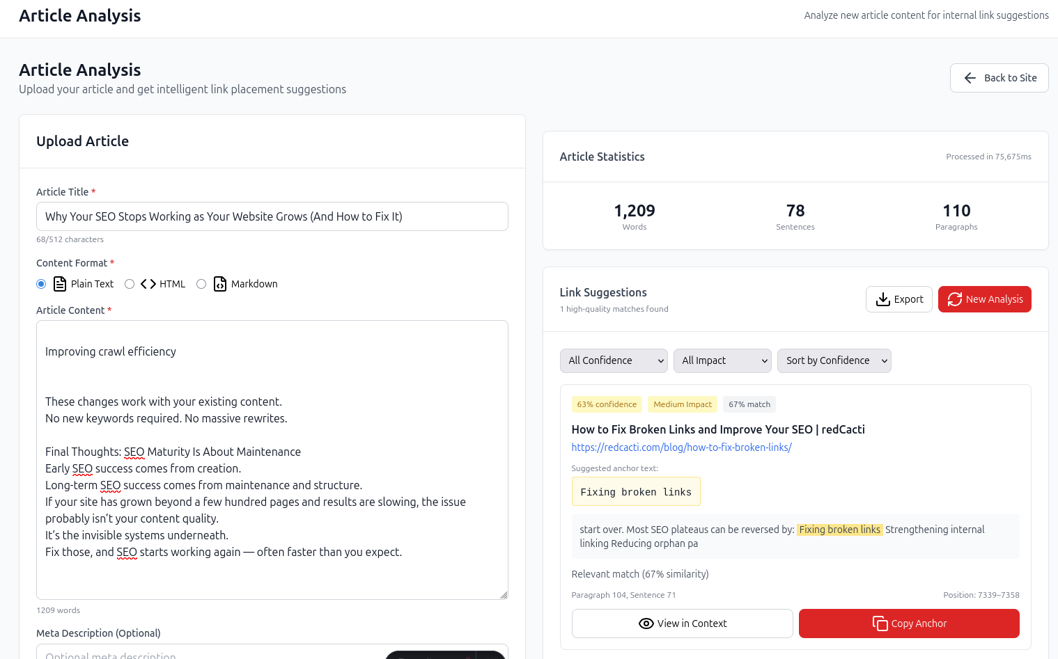 Article analysis showing AI-powered internal link suggestions for unpublished content
